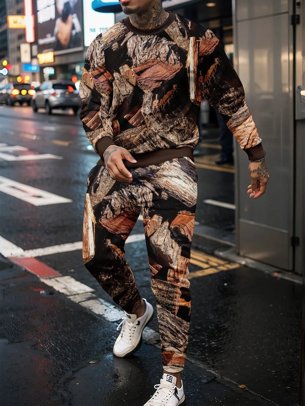Men's round neck jungle camouflage long sleeve top and trousers sportswear set on model