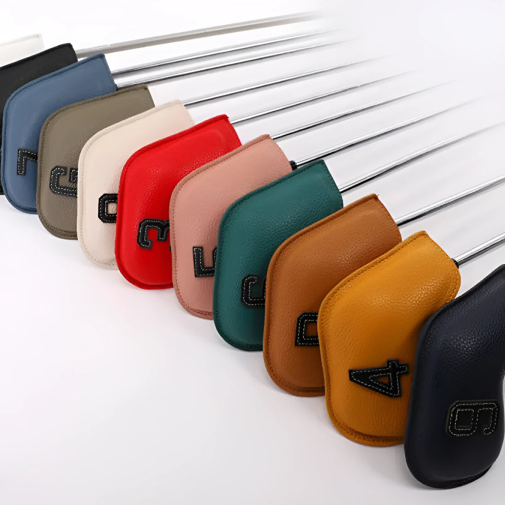 Set of 10 assorted colour digitally printed PU golf club head covers for drivers and irons.