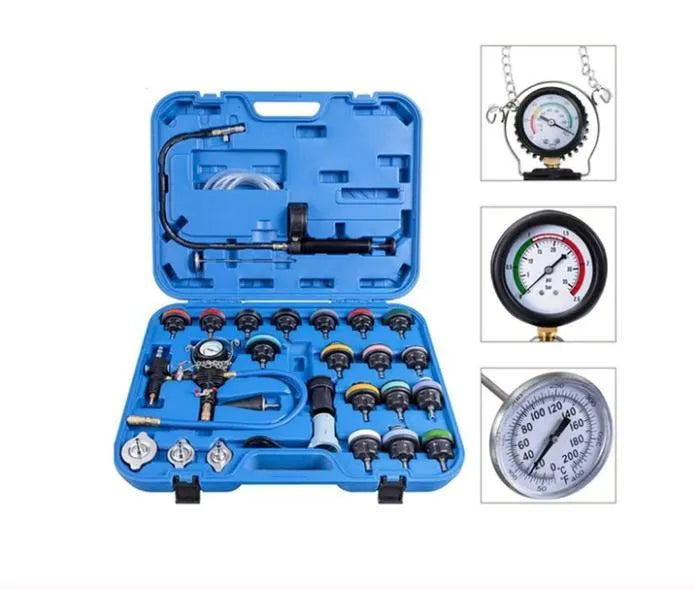 28-piece automotive cooling system diagnostic toolkit with pressure tester and vacuum purge functions