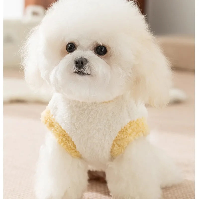 Yellow two-legged fleece pet coat with koala patch for small dogs and cats, sizes XS to XXL.