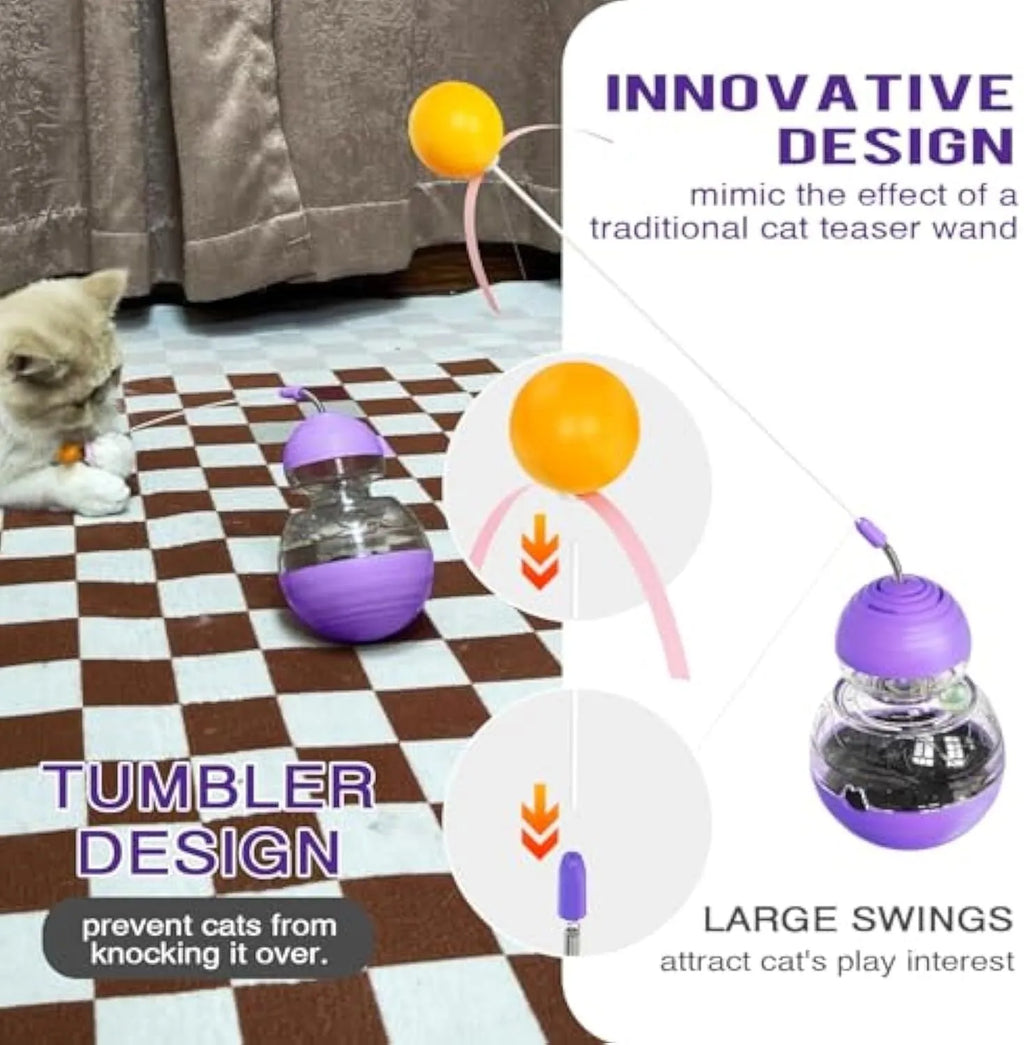 Electric yellow cat interactive toy wand with slow food dispenser, teaser stick, ball, and ribbon.