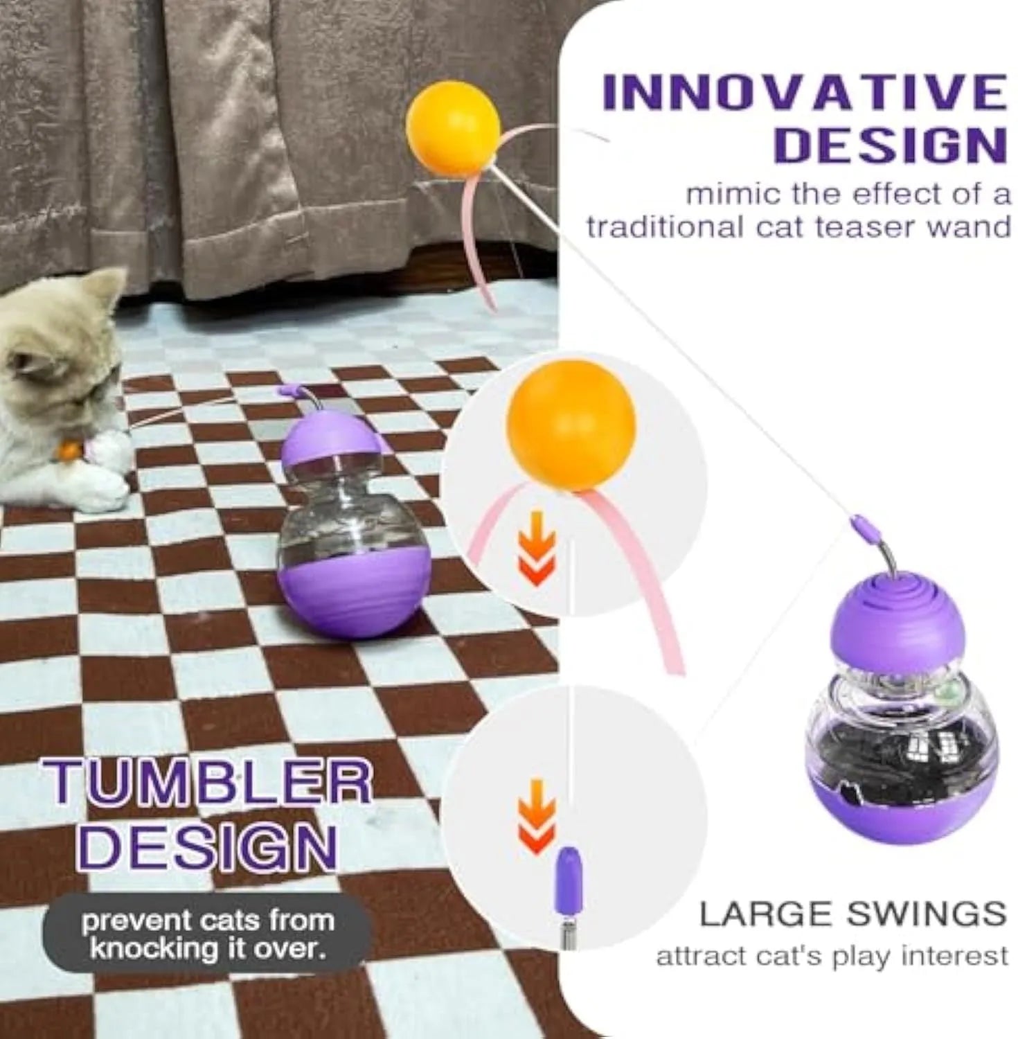Electric yellow cat interactive toy wand with slow food dispenser, teaser stick, ball, and ribbon.