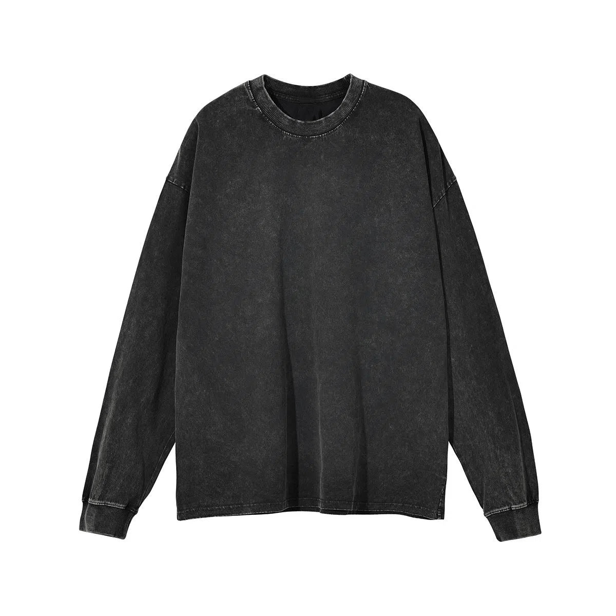 Black pure cotton long-sleeved T-shirt with distressed retro detailing, loose fit and 65cm mid-length.
