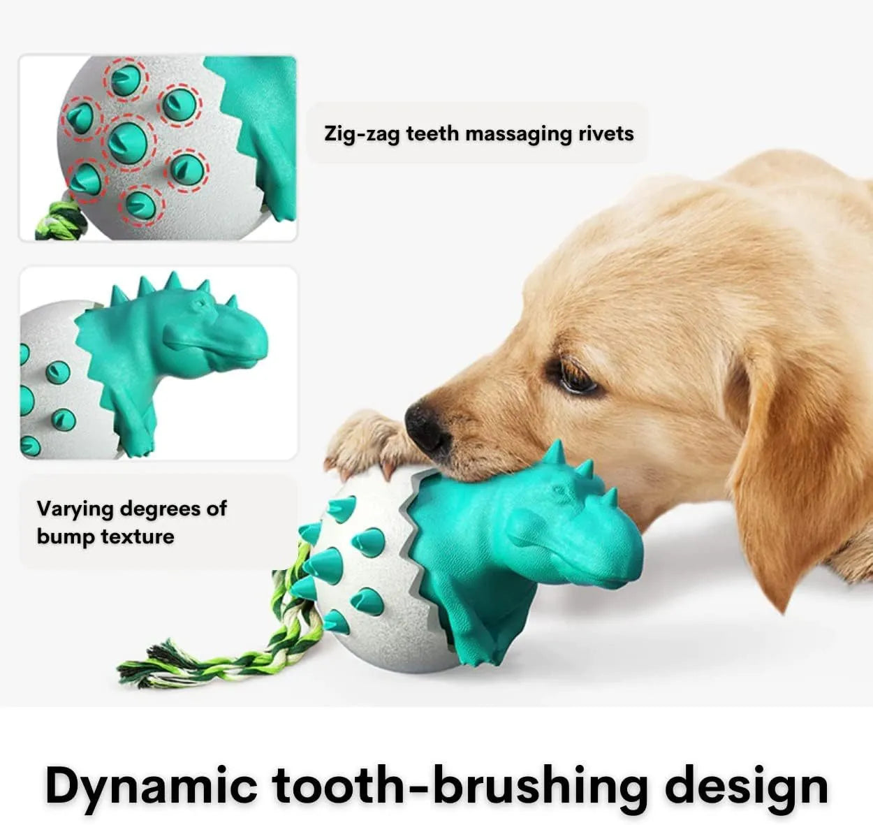 Blue dinosaur-shaped dog chew toy with rubber body and nylon rope tail.