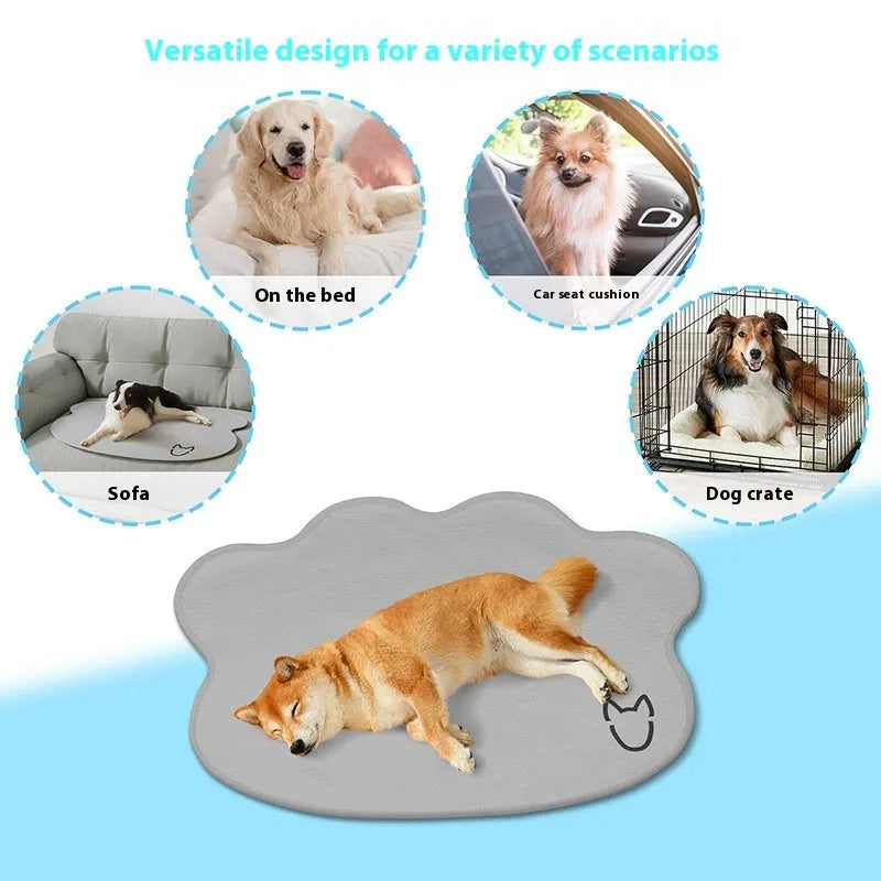 Dog head shaped ice silk pet cooling mat on a floor in light grey colour