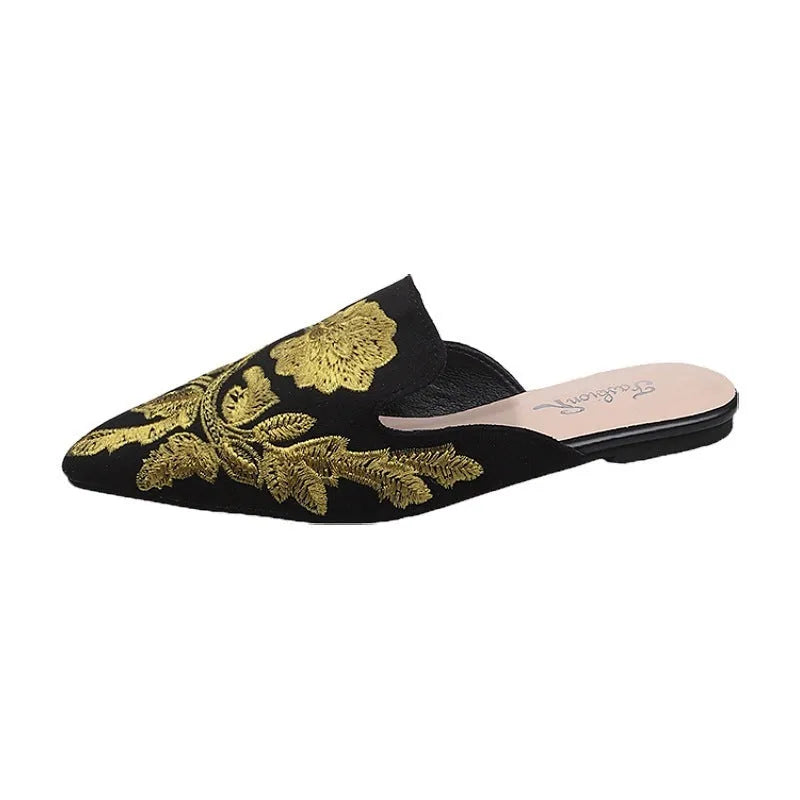 Baotou embroidered slippers for women summer casual round toe PU rubber flat sandals black and blue