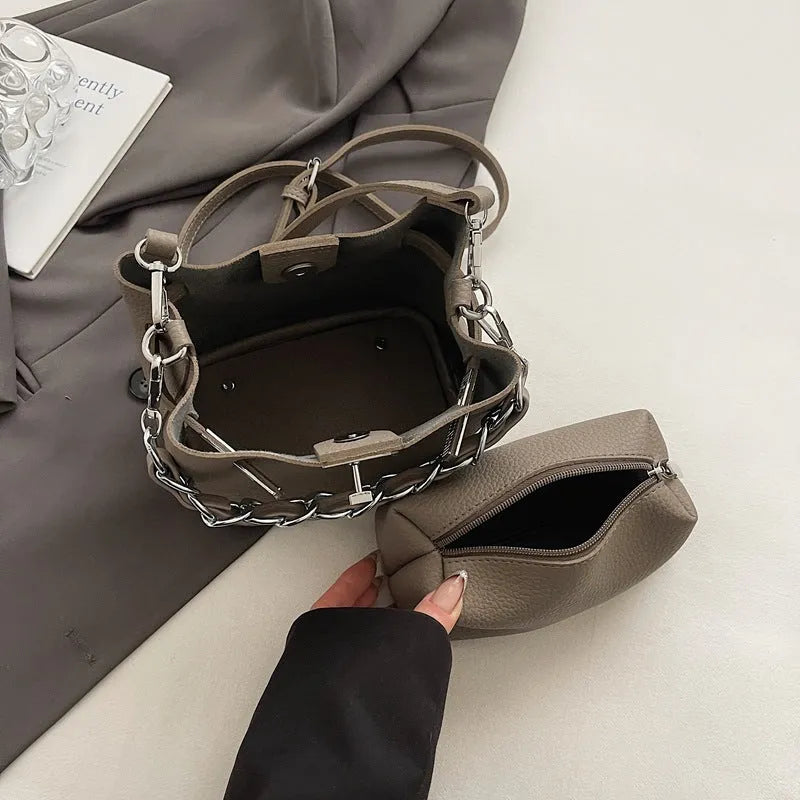 Soft PU leather women's shoulder bucket bag with chain strap and multiple internal pockets