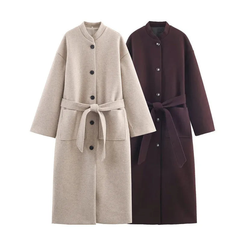 Women's long belted solid colour coat in brown with front pockets, spandex blend, Asian sizes XS to L