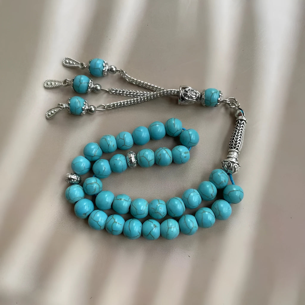 Sky blue stone Muslim prayer bracelet with 8mm beads for daily worship counting.