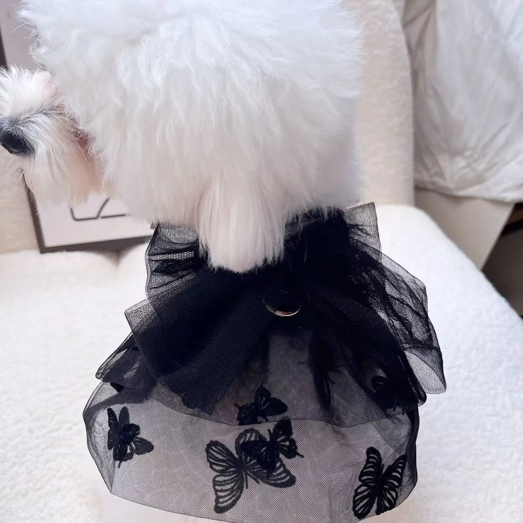 Black layered tulle princess skirt on a small dog, showing chest fit and full skirt silhouette.
