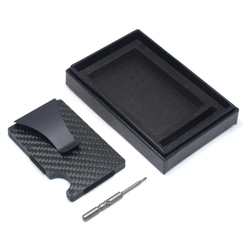 Geometric card holder in black carbon fibre showing slim 8mm profile and card capacity