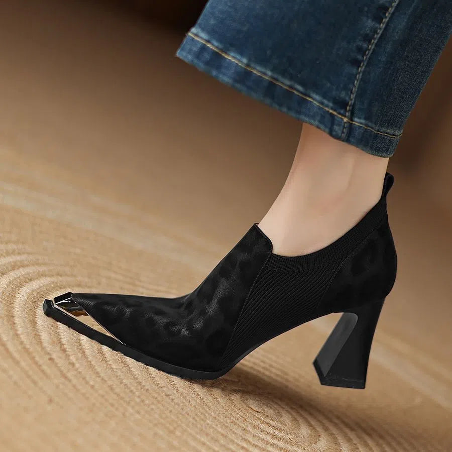 British leopard print metal head women's chunky heel high heels in black with pointed toe and waterproof platform