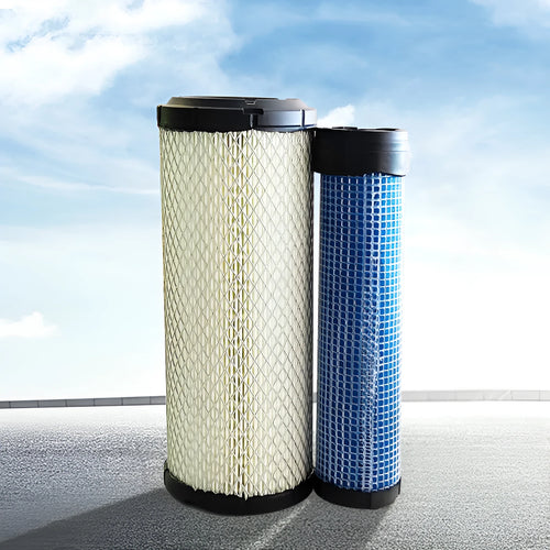 Model 1027 engine air filter with P821575 straight head and P822858 elbow, showing folded filter element.