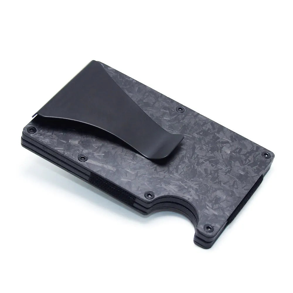 Geometric card holder in black carbon fibre showing slim 8mm profile and card capacity