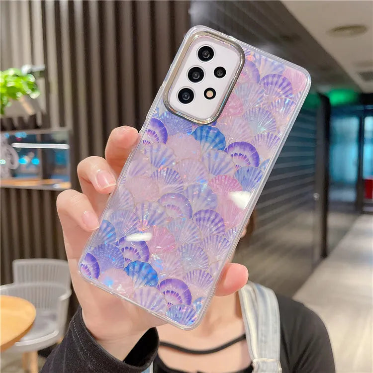 Kauri watercolor marble rainbow fish scale Samsung phone case with non-slip TPU, style options A-E.