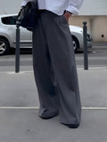 Men's grey high waist wide leg pants, regular fit, full-length, polyester, plain design