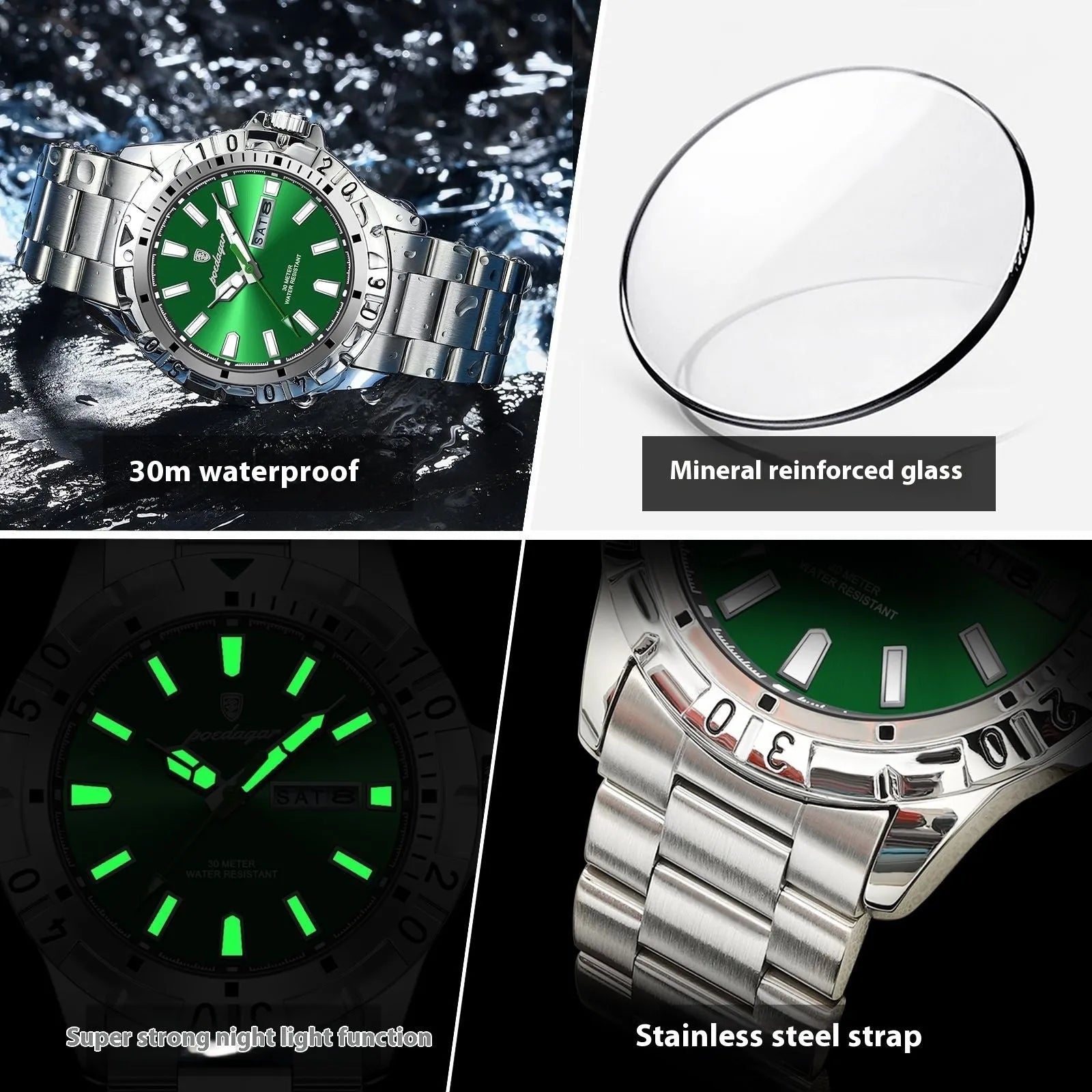 Swiss men's luminous waterproof watch with 6mm thickness in silver case green dial configuration