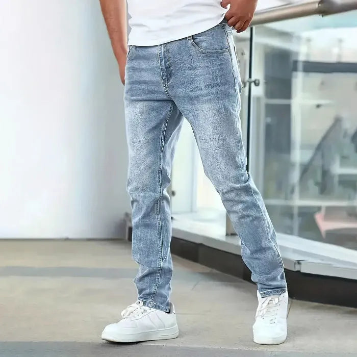 Men's straight leg stretch jeans in black, dark blue, and gray colours with skinny open leg style