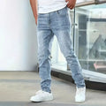 Men's straight leg stretch jeans in black, dark blue, and gray colours with skinny open leg style