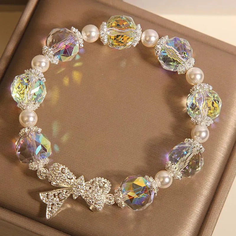 White crystal bracelet with Austrian white crystal diamond long bow and snowflake design for women