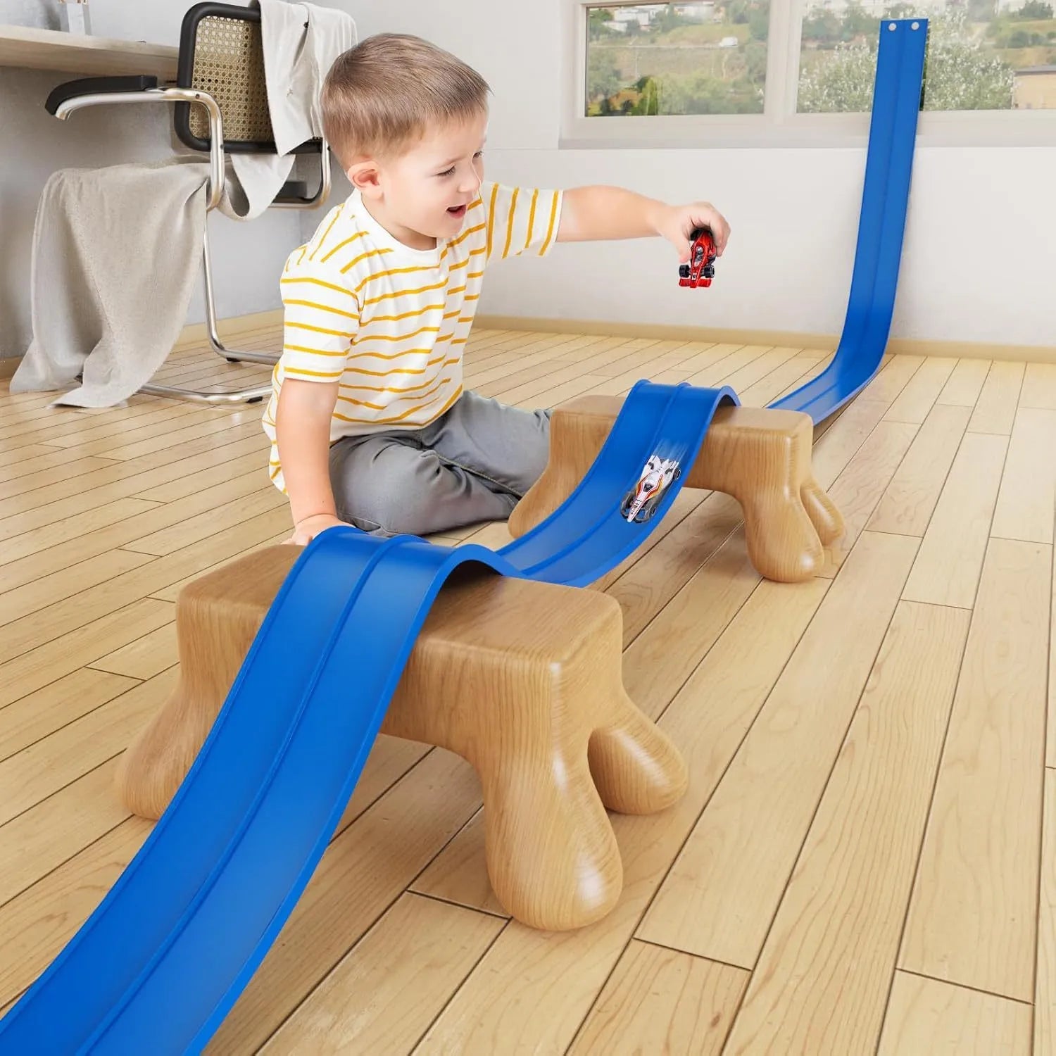 DIY double rail car PVC soft track set with anti-gravity magnetic rails in blue