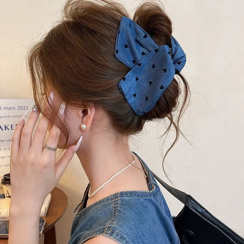 Handmade denim bow hairpin with triangle grip and acrylic decorations for women's hair