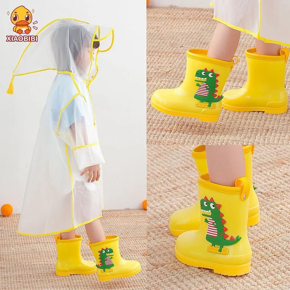 Children's dinosaur rain boots in pink, yellow, or blue with PVC upper and non-slip sole, inner length 14cm to 20cm