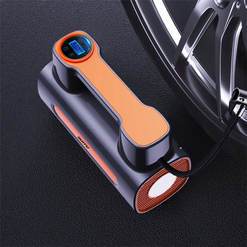 Portable wireless car tyre inflator with digital display showing pressure readings