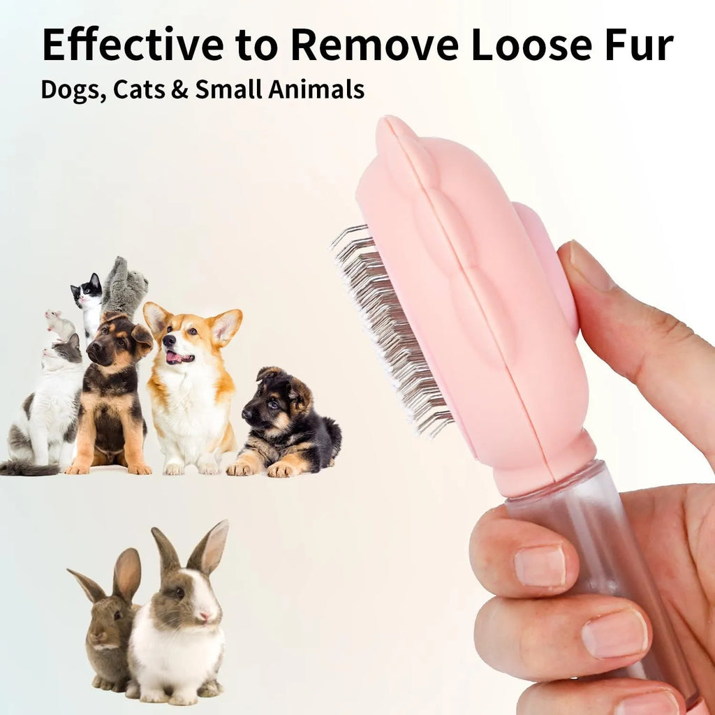 Grey spray cat brush with release button for grooming dogs and cats.