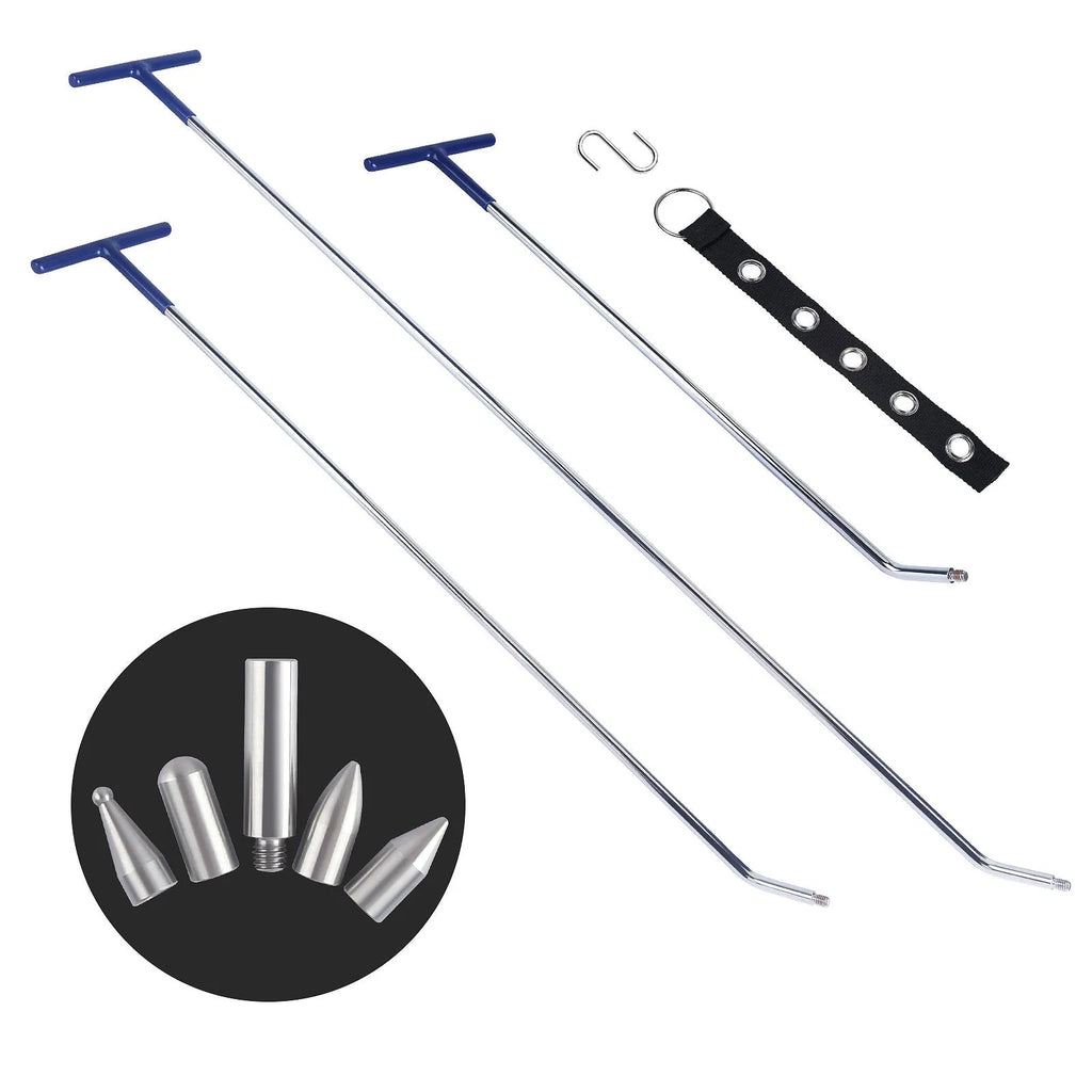 Three-piece alloy steel car dent repair tool set with hooks and crowbars on a workbench.