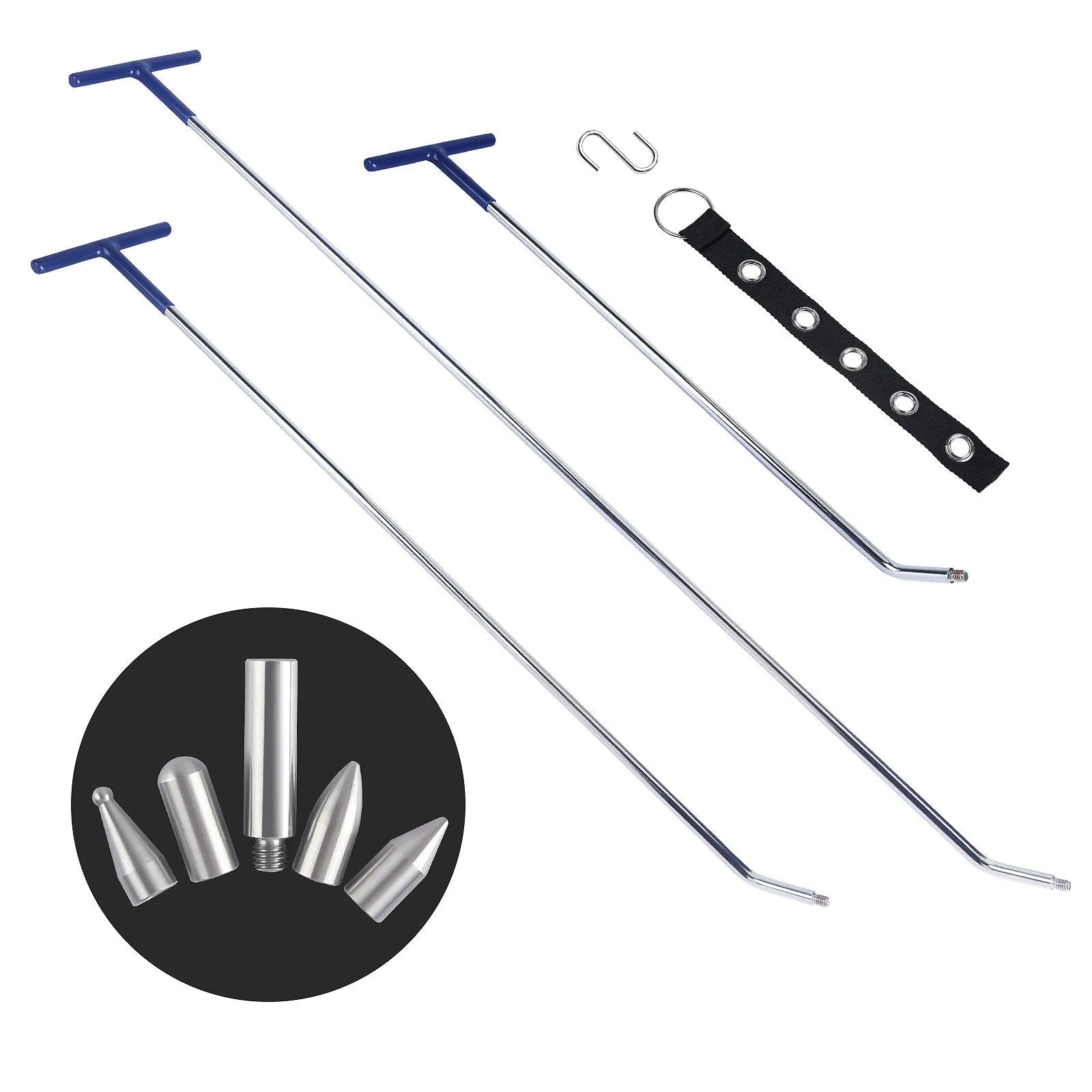 Three-piece alloy steel car dent repair tool set with hooks and crowbars on a workbench.