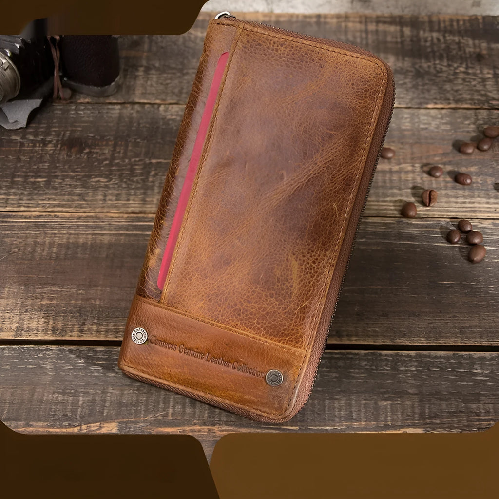 Genuine leather men's wallet with zipper and anti-theft card protection in brown colour option