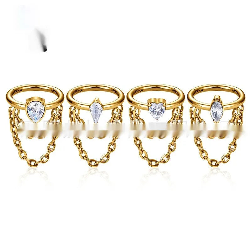 Titanium alloy inlaid zircon hanging double chain ear studs in gold colour unisex style