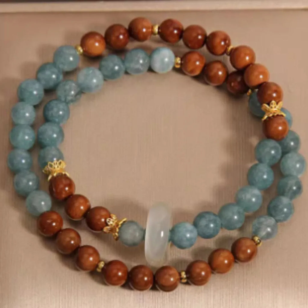 Double ring bracelet for women in cook blue water jade colour with natural crystal semi-precious stone and electroplated geometric round design
