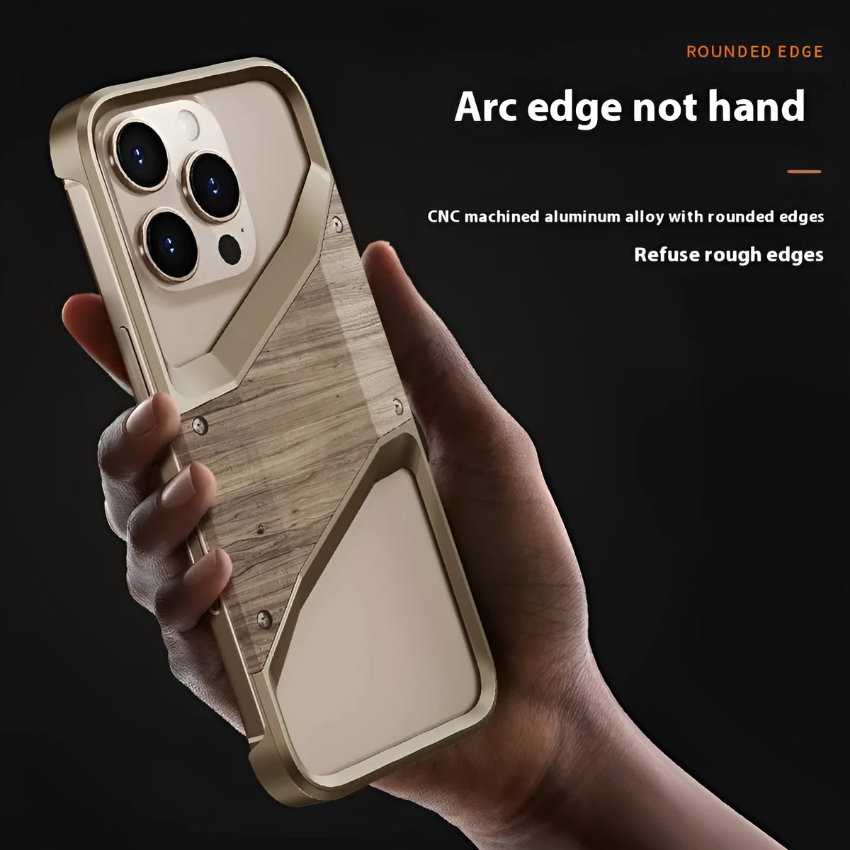Desert gold wooden aluminium alloy phone case for iPhone 15 and 16 with CNC finish