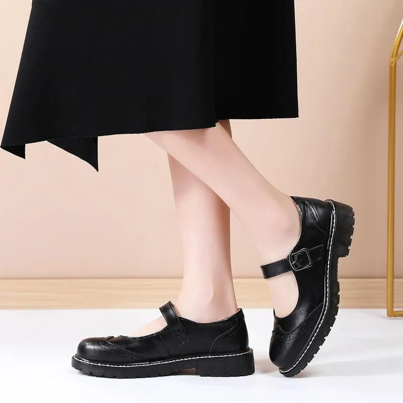 Shallow mouth thick bottom buckle pumps in black, PU upper, sizes 36-43