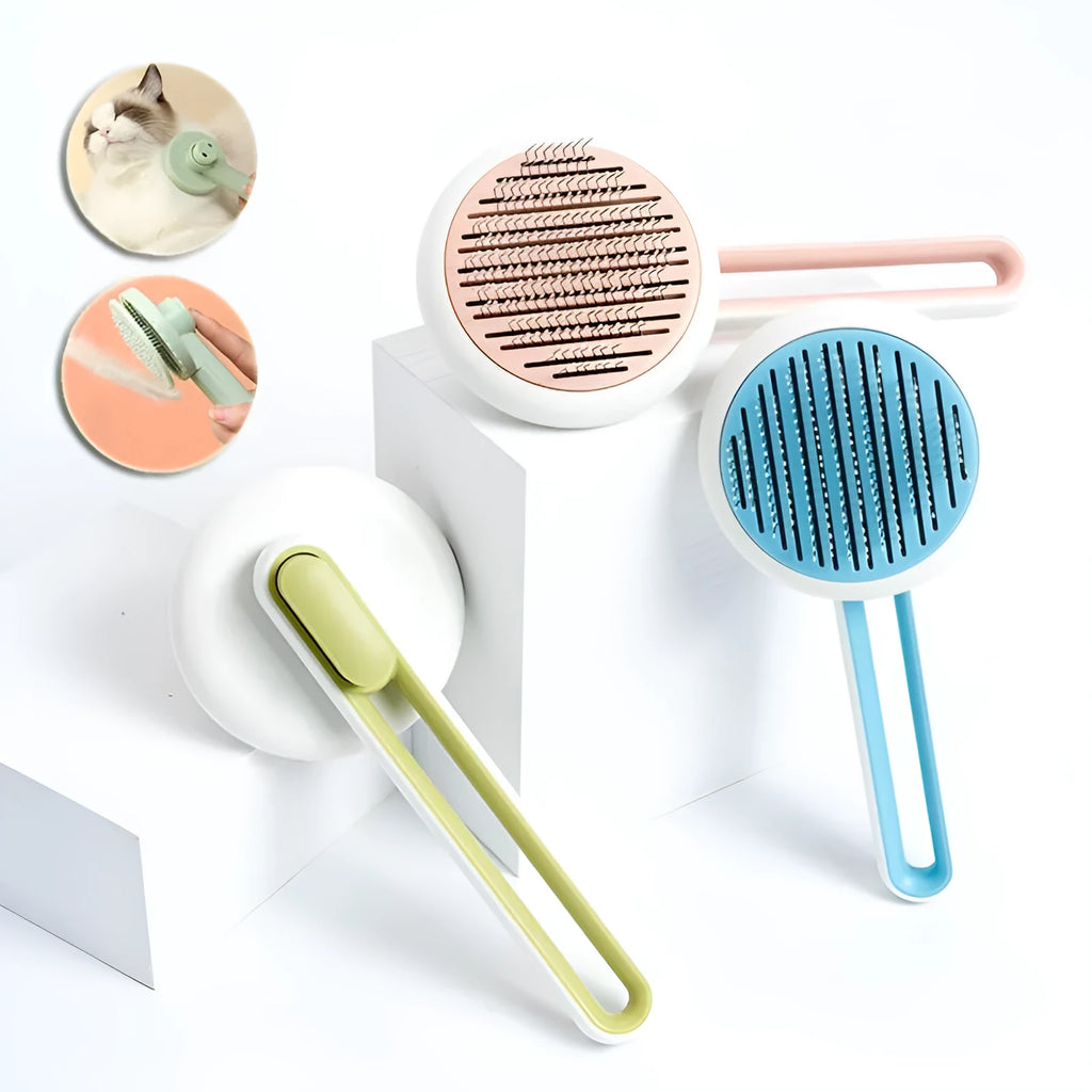 Blue automatic pet grooming comb with round brush head and ergonomic handle