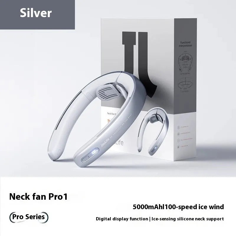 Silver grey portable USB neck fan with 5000mAh battery showing slim 50mm bladeless design
