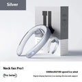 Silver grey portable USB neck fan with 5000mAh battery showing slim 50mm bladeless design
