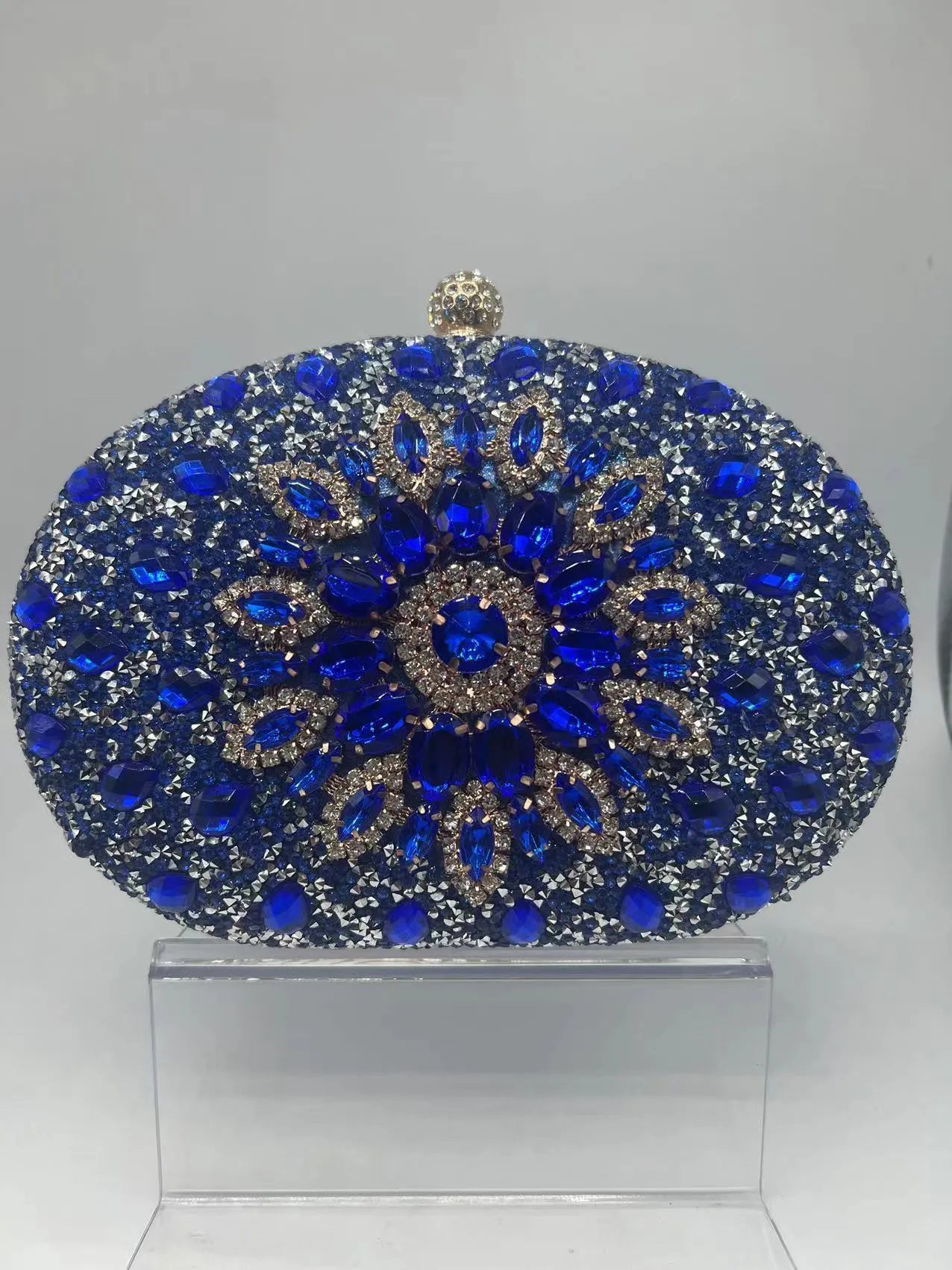 Gold hardware and rhinestone banquet handbag with structured retro design measuring 20cm wide