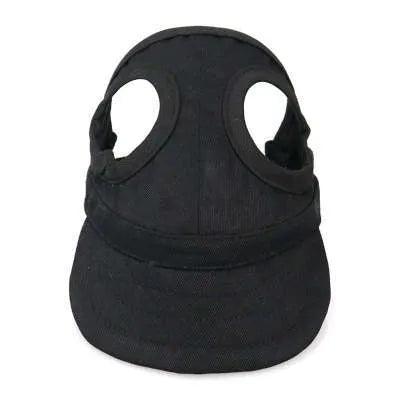 Canvas pet baseball cap for dogs and cats with adjustable buckle and Velcro, available in black, blue, pink and red, sizes S to XL.