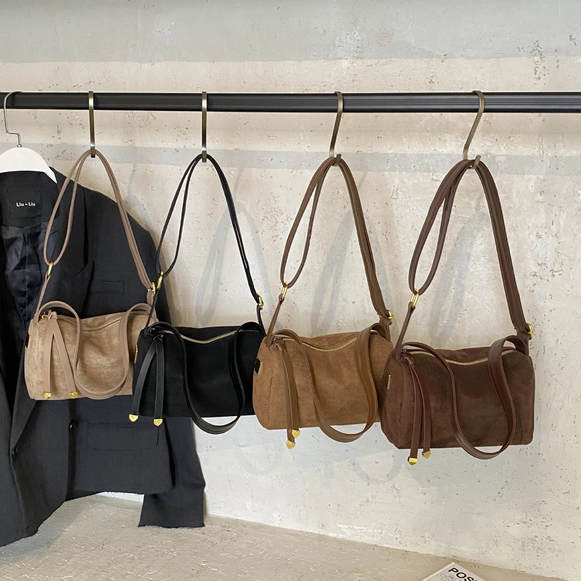 Women's vintage suede PU underarm bag with stitching, clamshell design, in black brown coffee and khaki colours