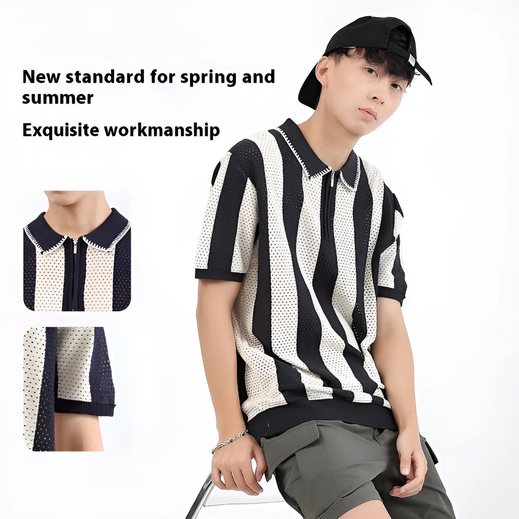 Man wearing a striped short-sleeved ice silk sweater with a decorative zip detail in sapphire blue.