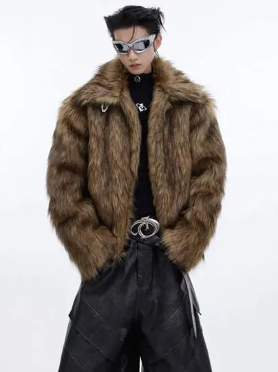 Men's long faux fur coat in raccoon fur colour with fur collar and regular sleeves