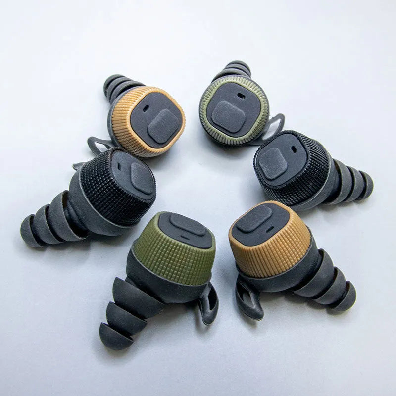 EARMOR M20 black electronic earplugs with charging case, silicone rope, and spare ear tips.
