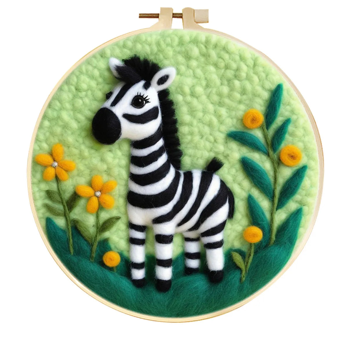 Round linen embroidery frame with wool felt floral decoration kit for three-dimensional wall art