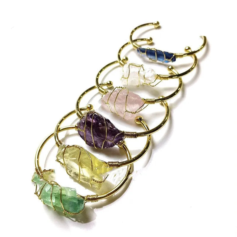 Natural crystal rough stone bracelet with geometric gold winding bohemian design