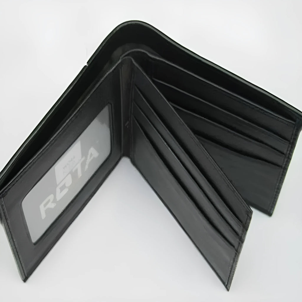Short horizontal genuine leather cowhide wallet with pearl fishskin lining.
