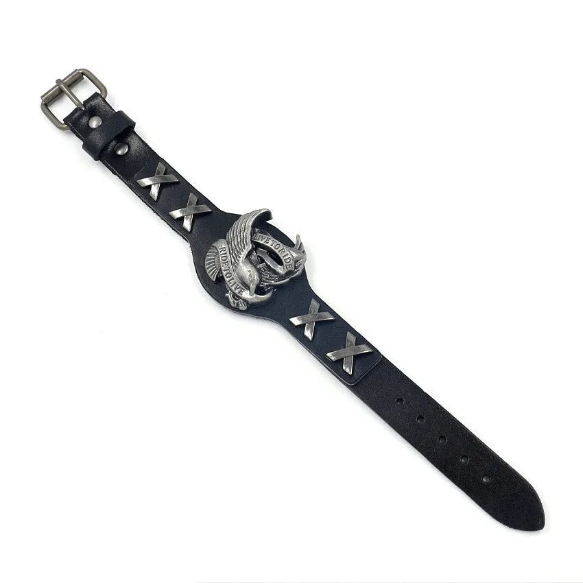 Black leather geometric bracelet with alloy eagle watch-buttom closure on wrist