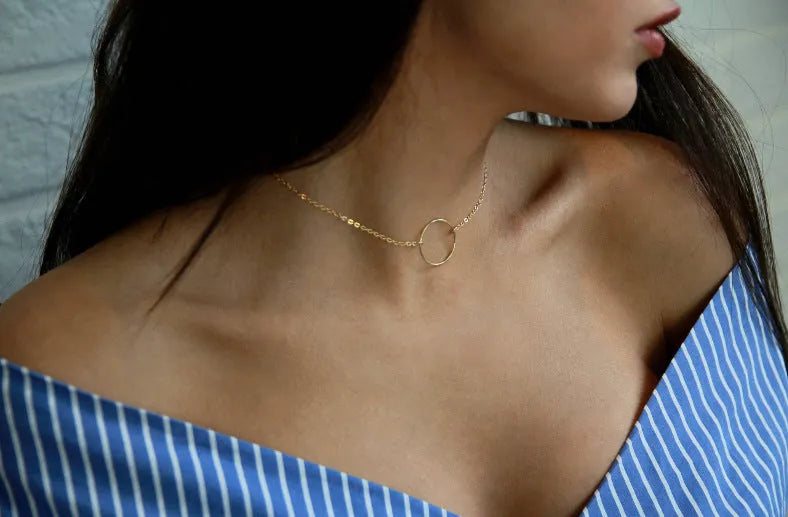 Alloy ring necklace single layer chain in gold or silver with 10cm extension, 21cm to 50cm circumference